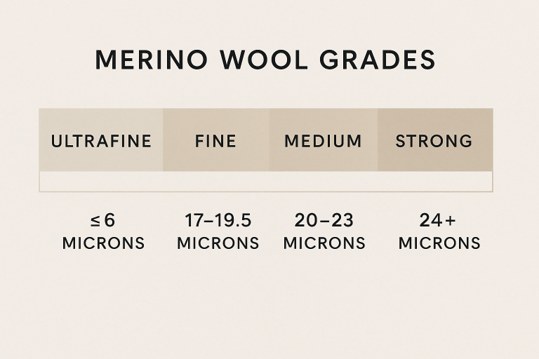 A chart comparing different merino wool grades by micron size